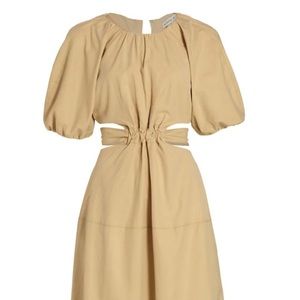 Moon River Puff-Sleeve Cut-Out Poplin Midi-Dress